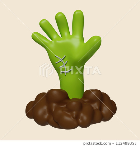 3d Halloween zombie hand icon. Traditional element of decor for Halloween. icon isolated on gray background. 3d rendering illustration. Clipping path. 112499355