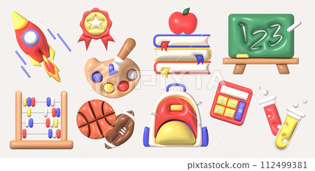3d education set, symbol for back to school. 3d cartoon minimal illustration 3d education set, symbol for back to school. 3d cartoon minimal illustration 112499381