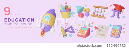 3D back to school icon set, For mathematics day and Pie day concept, Render school symbol for education, Realistic 3d high quality render 112499382