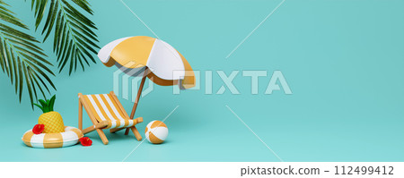Beach Chair, Umbrella and swimming ring , Summer holiday, Time to travel concept. Creative travel concept idea with copy space. illustration banner 3d rendering illustration Beach Chair, Umbrella and swimming ring , Summer holiday, Time to travel concept. Creative travel concept idea with copy space. illustration banner 3d rendering illustration 112499412