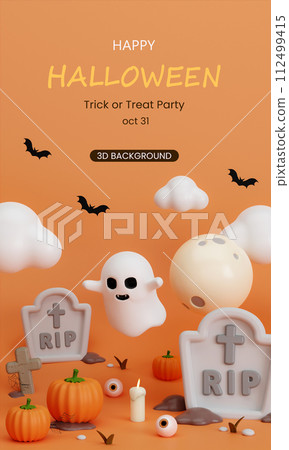 3d Happy Halloween background. white ghost cute with pumpkin, grave, cloud and bat. Halloween concept. Traditional October holiday. copy space. 3d render. 3d Happy Halloween background. white ghost cute with pumpkin, grave, cloud and bat. Halloween concept. Traditional October holiday. copy space. 3d render. 112499415