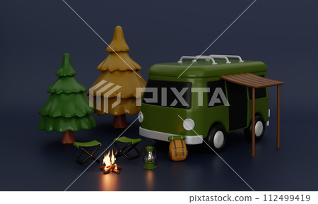 3d Night life Camping van and elements for camping, camp fire, trip, hiking. Concept. 3d rendering illustration. 3d Night life Camping van and elements for camping, camp fire, trip, hiking. Concept. 3d rendering illustration. 112499419