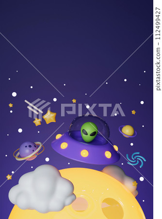 3d Creative cartoon space design with ufo alien with planets and space accessory on dark purple background. banner, 3d render illustration 3d Creative cartoon space design with ufo alien with planets and space accessory on dark purple background. banner, 3d render illustration 112499427