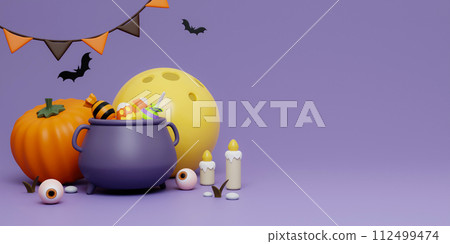 Happy Halloween Festive. Halloween poison pumpkin, candle, moon and bat . 3d cartoon style. Holiday Hallows' Eve or Saints' Eve. copy space. 3d render. 112499474