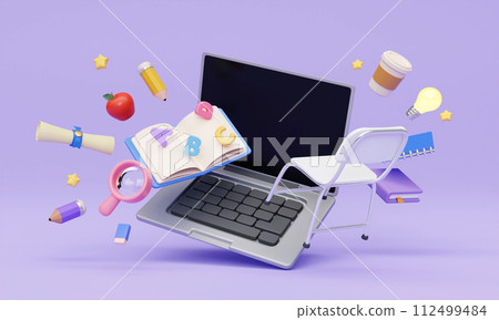 3d Laptop with school accessories on purple background. Online education concept. 3d rendering illustration. 112499484