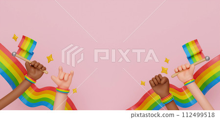 3d LGBT pride parade poster. Cartoon hands celebrating bisexual homosexual transgender equality. 3d rendering illustration. 3d LGBT pride parade poster. Cartoon hands celebrating bisexual homosexual transgender equality. 3d rendering illustration. 112499518