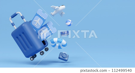 3d Traveler tourist accessories luggage suitcase map passport tickets vacation holidays trip plane map pin. travel concept. 3d rendering. 112499540