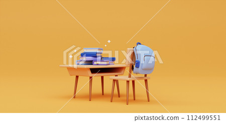 3d back to school concept. desk with bag and book. Ready for school. 3d rendering illustration. 3d back to school concept. desk with bag and book. Ready for school. 3d rendering illustration. 112499551