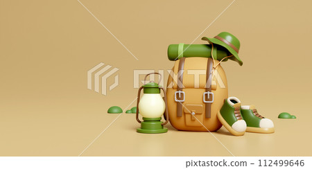 3d Backpacks and elements for camping, camp fire, trip, hiking. Concept. 3d rendering illustration. 3d Backpacks and elements for camping, camp fire, trip, hiking. Concept. 3d rendering illustration. 112499646