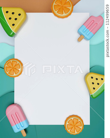 Summer vacation. white frame Decorated with popsicle watermelon and orange. Creative travel concept idea with copy space. illustration banner 3d rendering illustration Summer vacation. white frame Decorated with popsicle watermelon and orange. Creative travel concept idea with copy space. illustration banner 3d rendering illustration 112499659