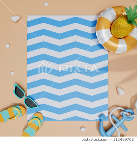 Flat lay summer vacation with beach accessories ready for summer vacation. summer beach scene and shadow of palm leaves. illustration banner. 3d rendering illustration Flat lay summer vacation with beach accessories ready for summer vacation. summer beach scene and shadow of palm leaves. illustration banner. 3d rendering illustration 112499708