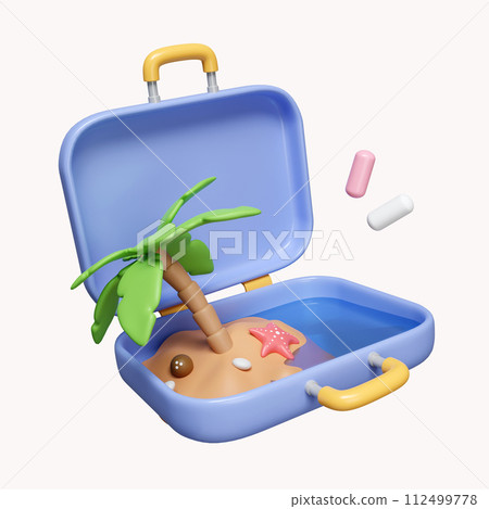 3d conceptual tropical island in suitcase. summer vacation and holidays concept. travel. icon isolated on white background. 3d rendering illustration. Clipping path. 112499778