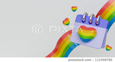 3d LGBTQ Pride Month. Tear-off calendar with 3d rainbow heart for design of LGBTQ events. 3d symbol of Pride day. 3d rendering illustration. 112499780