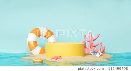 Yellow podium with summer swimming ring and beach accessories ready for summer vacation. Creative travel concept for product display. 3d rendering illustration. Yellow podium with summer swimming ring and beach accessories ready for summer vacation. Creative travel concept for product display. 3d rendering illustration. 112499798