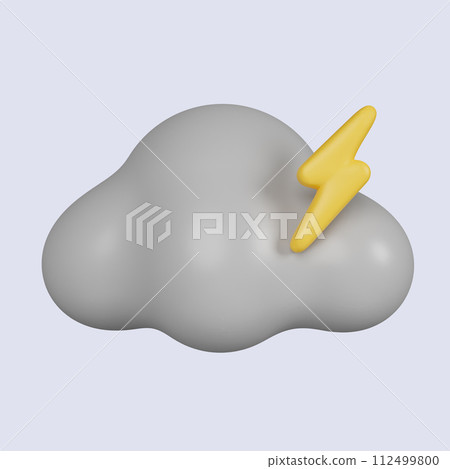 3d weather. cloud with yellow glowing lightning bolt. icon isolated on gray background. 3d rendering illustration. Clipping path. 112499800