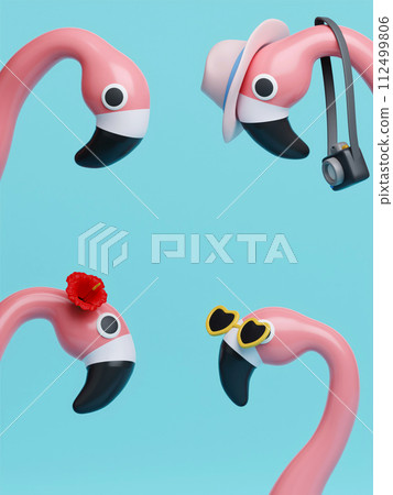 Flamingo float on blue background. Summer minimal concept. summer vacation and holidays concept copy space. 3d illustration. banner 3d rendering illustration. 112499806