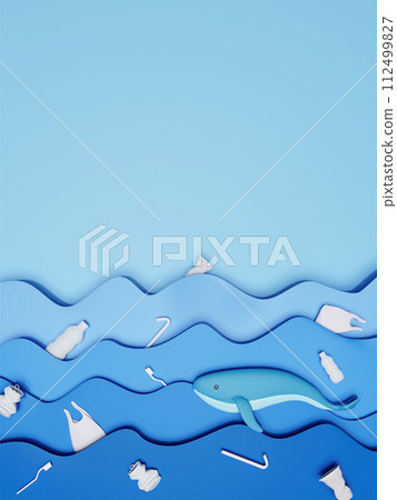 3d ocean with whale and garbage. The problem of plastic waste in the ocean. 3d rendering illustration. 112499827