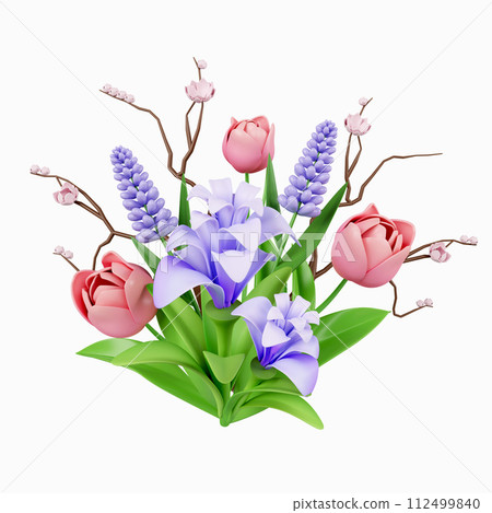 3d decorative flowers. Colorful spring bouquet. Floral arrangement garland. icon isolated on white background. 3d rendering illustration. Clipping path. 112499840