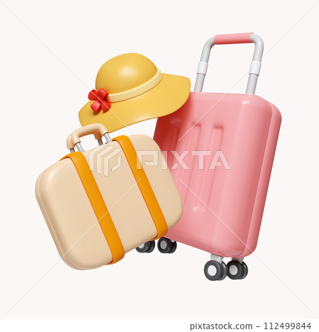 3d Time to travel. luggage and hat icon. summer vacation and holidays concept. icon isolated on white background. 3d rendering illustration. Clipping path. 3d Time to travel. luggage and hat icon. summer vacation and holidays concept. icon isolated on white background. 3d rendering illustration. Clipping path. 112499844