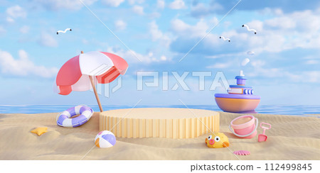 Yellow stage podium empty with summer beach background and beach accessory concept of summer. Creative summer concept idea. illustration banner. 3d rendering illustration Yellow stage podium empty with summer beach background and beach accessory concept of summer. Creative summer concept idea. illustration banner. 3d rendering illustration 112499845