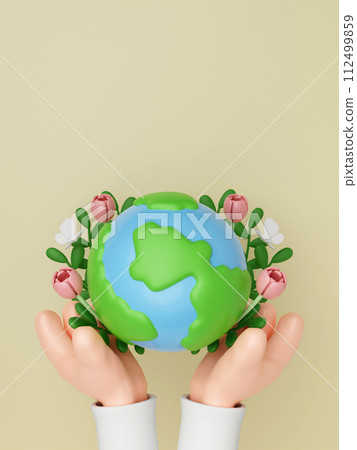 3d earth with flower. Concept of Save the Earth, Protect environmental and eco green life, ecology and nature protect. 3d rendering illustration. 112499859
