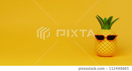 3d Summer concept with pineapple with sunglasses on yellow background . Copy space. 3d illustration banner. 3d rendering illustration 3d Summer concept with pineapple with sunglasses on yellow background . Copy space. 3d illustration banner. 3d rendering illustration 112499865