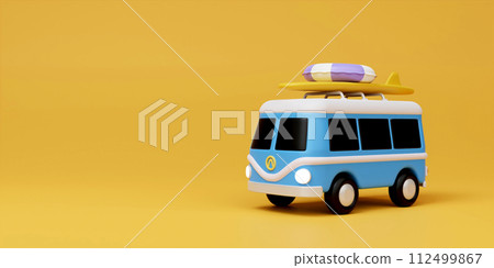 3d blue Mini van on yellow background , concept of beach vacation, landing page template in cute 3d cartoon illustration 112499867