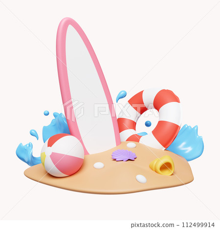 3d board with swimming ring and ball on sand. waves crashing on the beach. summer vacation and holidays concept. icon isolated on white background. 3d rendering illustration. Clipping path. 3d board with swimming ring and ball on sand. waves crashing on the beach. summer vacation and holidays concept. icon isolated on white background. 3d rendering illustration. Clipping path. 112499914