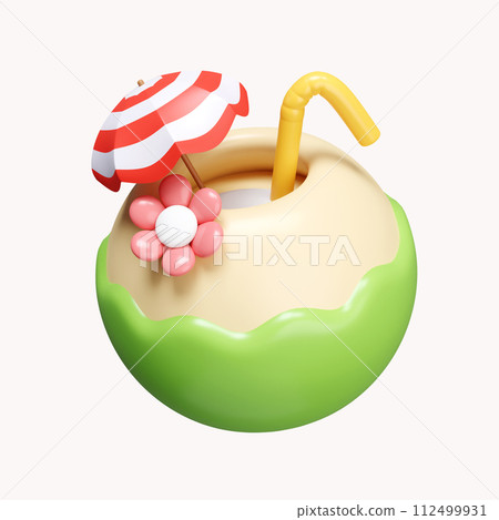 3d coconut water for summer time. summer vacation and holidays concept. icon isolated on white background. 3d rendering illustration. Clipping path. 112499931