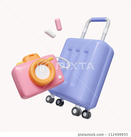 3d Time to travel. luggage and camera icon. time to travel. summer vacation and holidays concept. icon isolated on white background. 3d rendering illustration. Clipping path. 3d Time to travel. luggage and camera icon. time to travel. summer vacation and holidays concept. icon isolated on white background. 3d rendering illustration. Clipping path. 112499935