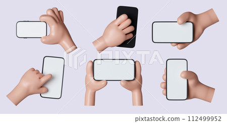 3d hand hold phone set. icon isolated on gray background. 3d rendering illustration. Clipping path. 3d hand hold phone set. icon isolated on gray background. 3d rendering illustration. Clipping path. 112499952