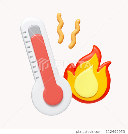 3d thermometer and fire symbol. High temperature. the concept of weather and increased temperature. summer time. icon isolated on white background. 3d rendering illustration. Clipping path. 3d thermometer and fire symbol. High temperature. the concept of weather and increased temperature. summer time. icon isolated on white background. 3d rendering illustration. Clipping path. 112499953