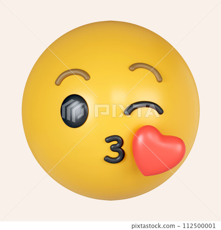 3d emoji. Kissing face emoji with red heart. icon isolated on gray background. 3d rendering illustration. Clipping path. 112500001