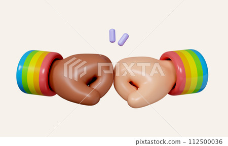 3d of Two Hands with Different Skin Color Fists Punching each other, LGBT Pride Month Icon. icon isolated on white background. 3d rendering illustration. Clipping path. 112500036