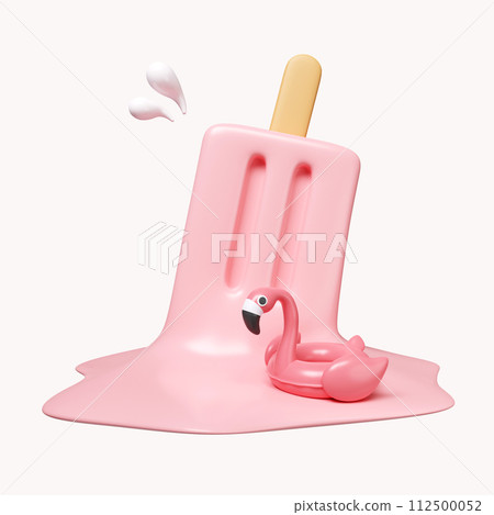 3d popsicle melt with Pink Flamingo float for summer vacation and holidays concept. icon isolated on white background. 3d rendering illustration. Clipping path. 112500052