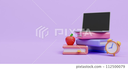 3d laptop on book with apple and clock. education and back to school concept. 3d rendering illustration. 112500079