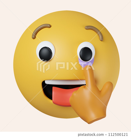 3d Goofy emoticon with crazy eyes and tongue out. Yellow face emoji. icon isolated on gray background. 3d rendering illustration. Clipping path. 112500121
