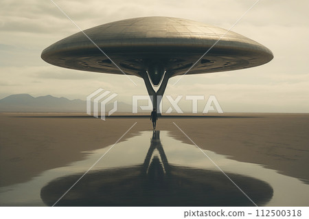 An alien saucer hovering in the sky. Unidentified flying object. alien invasion. By generative Ai 112500318