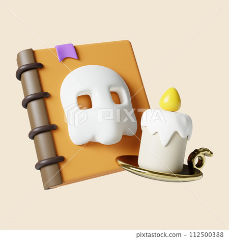 3d Halloween book with candle icon. Traditional element of decor for Halloween. icon isolated on gray background. 3d rendering illustration. Clipping path. 3d Halloween book with candle icon. Traditional element of decor for Halloween. icon isolated on gray background. 3d rendering illustration. Clipping path. 112500388