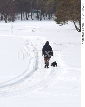 Woman walking a dog in the snow in the park in winter. Woman walking a dog in the snow in the park in winter. 112500520