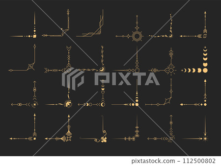 Mystical corners set, frames and borders in tarot style, magic and astrology decor, esoteric corner vignettes, vector 112500802