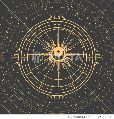 Esoteric compass, sun and moon inside ornamental frame, four corners of the earth, astrology mystic symbol in tarot style, vector Esoteric compass, sun and moon inside ornamental frame, four corners of the earth, astrology mystic symbol in tarot style, vector 112500805