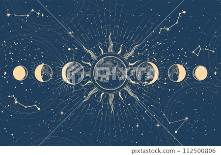 Lunar phases and moon eclipse, mystical moon in space, astrology and horoscope background, oneiromancy, vector Lunar phases and moon eclipse, mystical moon in space, astrology and horoscope background, oneiromancy, vector 112500806