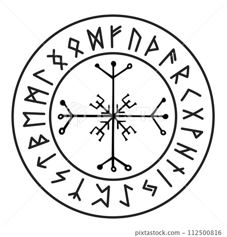 Rune circle Icelandic celtic viking talisman Navigation Compass, frame occult amulet, tribal norse writng isolated on white background. Rune circle Icelandic celtic viking talisman Navigation Compass, frame occult amulet, tribal norse writng isolated on white background. 112500816