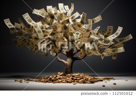 Symbolic money tree with leaves made of dollar bills and a pile of gold coins at its base against a neutral background Symbolic money tree with leaves made of dollar bills and a pile of gold coins at its base against a neutral background 112501012
