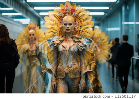 Two models dressed in opulent golden fantasy costumes pose at a stylish fashion event 112501117