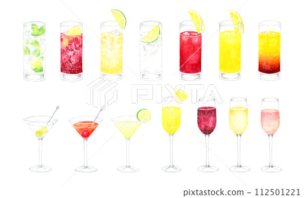 Cocktail set, hand-drawn watercolor illustrations of drinks (alcohol) 112501221