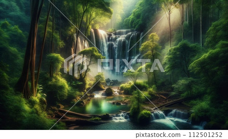 神秘的瀑布和森林深處鬱鬱蔥蔥的樹木 112501252