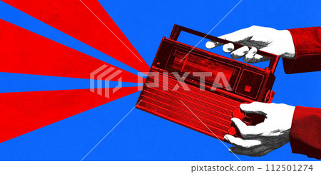 Poster. Contemporary art collage. Hands holds vintage radio receiver in red monochrome filter against blue background. Vibrant abstract design. Poster. Contemporary art collage. Hands holds vintage radio receiver in red monochrome filter against blue background. Vibrant abstract design. 112501274