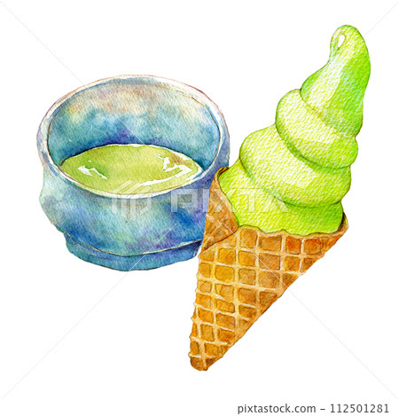Watercolor illustration local soft serve ice cream matcha flavor 112501281